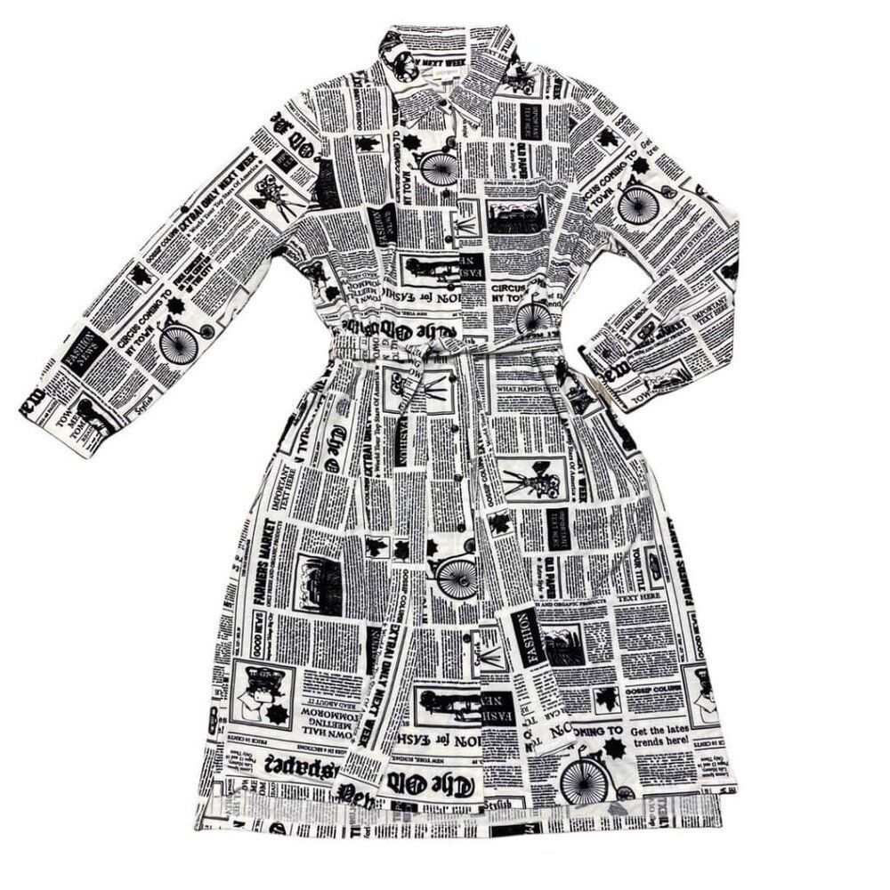 NEW Lularoe 3XL Ellie Shirt Dress News Paper Print Black Full Button 90S Y2K